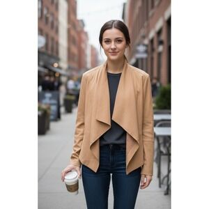 G.I.L.I Jacket Womens 14 Brown Leather Lined Pockets Casual Draped Open Front